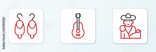 Set line Bullfight, matador, Earrings and Spanish guitar icon. Vector