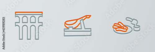 Set line Churros and chocolate, Aqueduct of Segovia and Spanish jamon icon. Vector