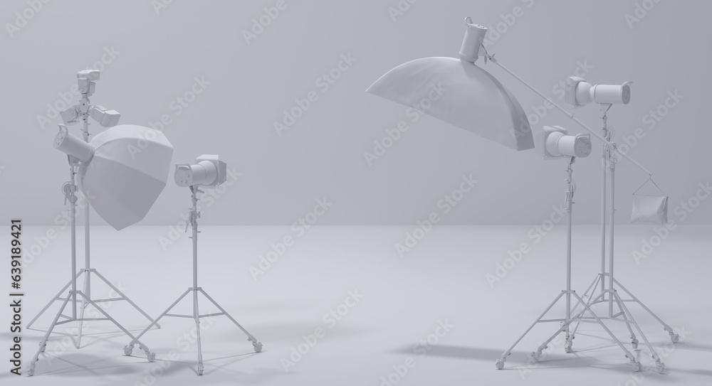 Photography studio flash on a lighting stand on monochrome background