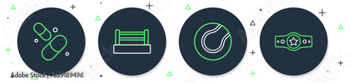 Set line Boxing ring, Tennis ball, Vitamin pill and belt icon. Vector