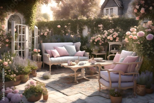 a quaint 3D rendering of a small garden with an English cottage vibe  complete with pastel-colored flowers and charming wooden furniture.