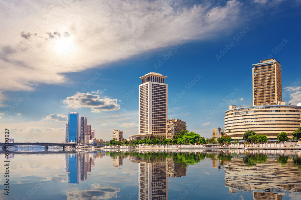 The Great Nile river and the banks of Cairo with fashionable buildings, Egypt