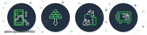 Set line Gold bars, Fire in burning house, Mobile stock trading and Safe icon. Vector