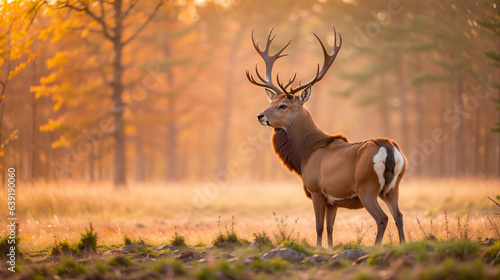Male red deer displaying at sunset in natural habitat on Veluwe  wildlife forest