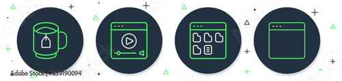 Set line Online play video, Browser files, Cup of tea with tea bag and window icon. Vector