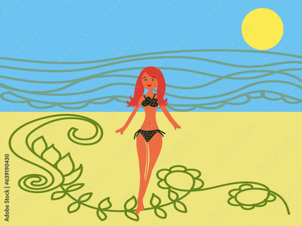 girl on the beach, vecror illustration