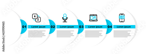 Set line Foreign language online study, Microphone voice device and Vocabulary icon. Vector