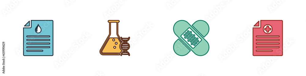 Set Clipboard with blood test, DNA research, search, Crossed bandage plaster and Clinical record icon. Vector Set Clipboard with blood test, DNA research, search, Crossed bandage plaster and Clinical record icon. Vector