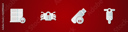 Set Server security with lock, Cyber, USB flash drive and Scooter icon. Vector