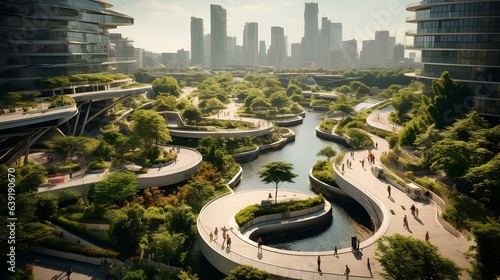 A fantastic city of the future, the concept of green energy, ecological development of mankind.