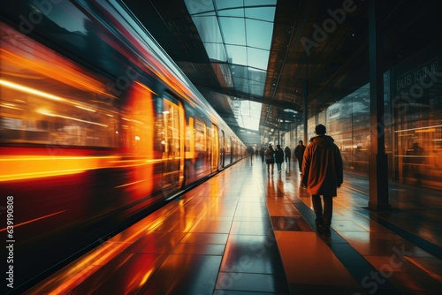 subway station in the night with a metro moving with orange and yellow light