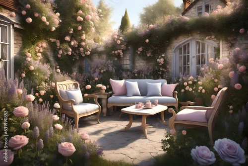 a charming 3D rendering of a small garden oasis with sofas and chairs nestled among an abundance of colorful wildflowers.