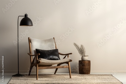 white wooden armchair with black pillow and black lamp
