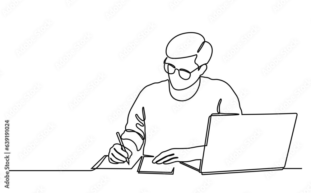 Student writing and studying in front of laptop. Continuous line style. Hand drawn. Education concept. Vector design. Illustration Student writing and studying in front of laptop. Continuous line style. Hand drawn. Education concept. Vector design. Illustration