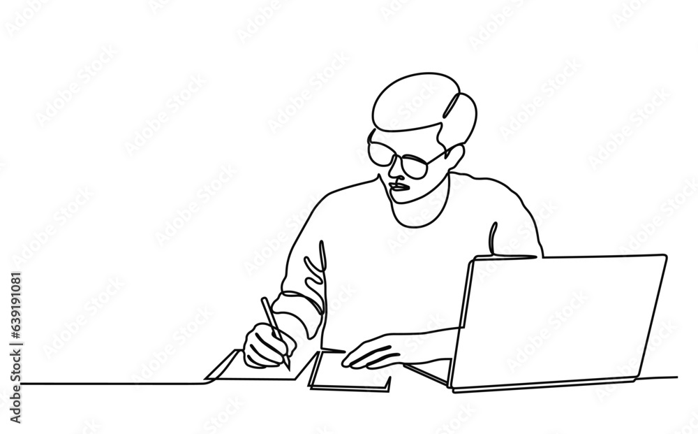 Student writing and studying in front of laptop. Continuous line style. Hand drawn. Education concept. Vector design. Illustration Student writing and studying in front of laptop. Continuous line style. Hand drawn. Education concept. Vector design. Illustration