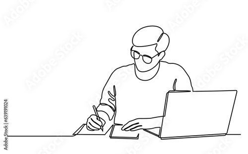 Student writing and studying in front of laptop. Continuous line style. Hand drawn. Education concept. Vector design. Illustration