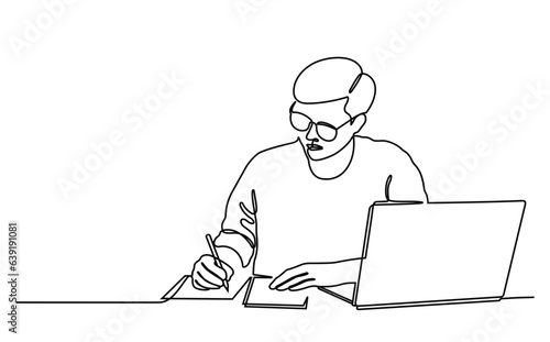 Student writing and studying in front of laptop. Continuous line style. Hand drawn. Education concept. Vector design. Illustration