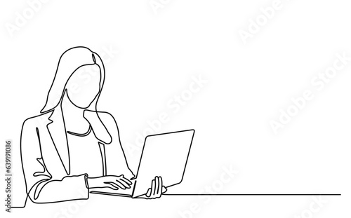 Business woman holding laptop. Continuous line style. Hand drawn. One line. Vector design. illustration