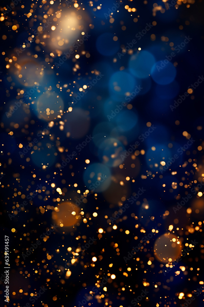 Abstract background with dark blue and gold particles. New Year, Christmas shiny and golden background. Christmas Golden light glitter bokeh particles on navy background. gold foil texture