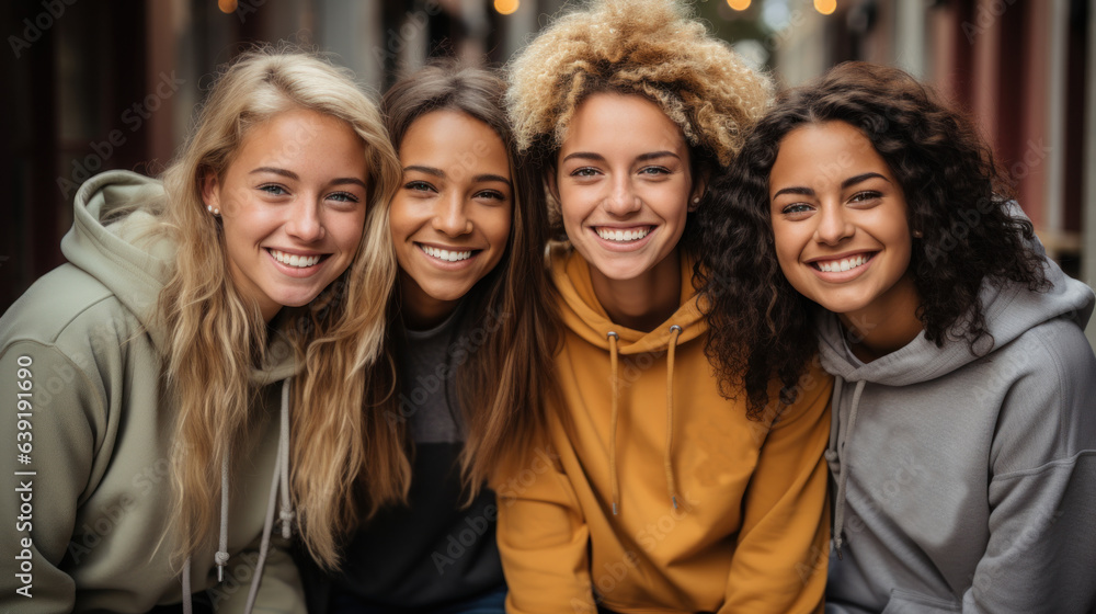 Multiethnic group of four young women in hoodies smiling at camera.