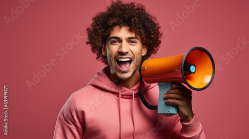 Excited man holding megaphone isolated on pink.