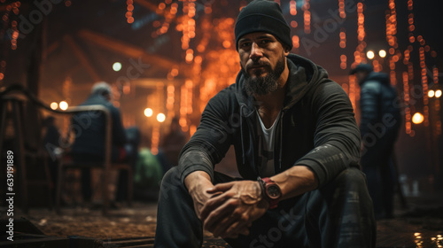 Handsome bearded hipster man sitting in the street at night.