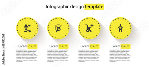 Set Medicine bottle and pills, Education grant, Wheelchair for disabled person and Volunteer. Business infographic template. Vector