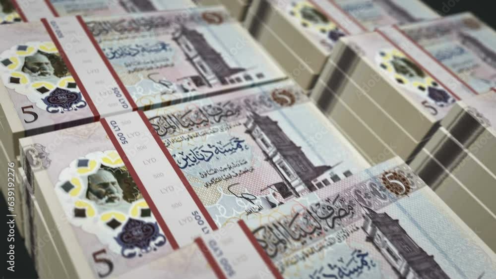 Libya money Libyan Dinar money pack loop 3d animation. Loopable seamless concept of finance, cash, economy, business and bank. Camera moving over the 5 LYD banknote bundle stacks. Libya money Libyan Dinar money pack loop 3d animation. Loopable seamless concept of finance, cash, economy, business and bank. Camera moving over the 5 LYD banknote bundle stacks.