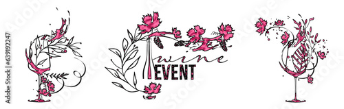 Wine designs for wine events. Sketch vector illustration. Hand drawn elements for invitation cards, advertising banner and menu cards. Splashing wine.