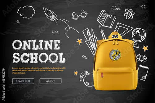 Back to school, online school banner. Yellow backpack with school supplies on the background of a black chalkboard with different doodle scientific icons