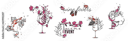 Wine designs for wine lovers. Sketch vector illustration. Hand drawn elements for invitation cards, advertising banner and menu cards. Splashing wine.