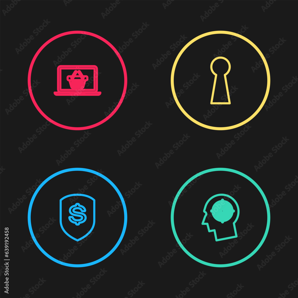 Set line Shield and dollar, Head hunting concept, Keyhole and Shopping basket laptop icon. Vector Set line Shield and dollar, Head hunting concept, Keyhole and Shopping basket laptop icon. Vector