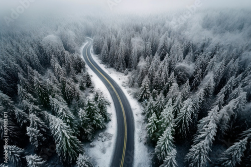 Generative AI illustration of a road with many curves through a forest of snowy trees in winter
