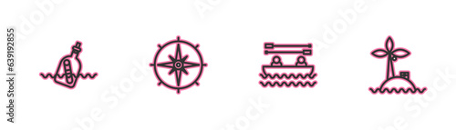 Set line Bottle with message in water, Boat oars, Wind rose and Tropical island ocean icon. Vector
