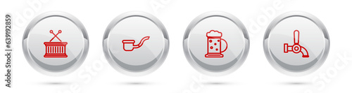 Set line Musical drum and sticks, Smoking pipe, Wooden beer mug and Beer tap. Silver circle button. Vector