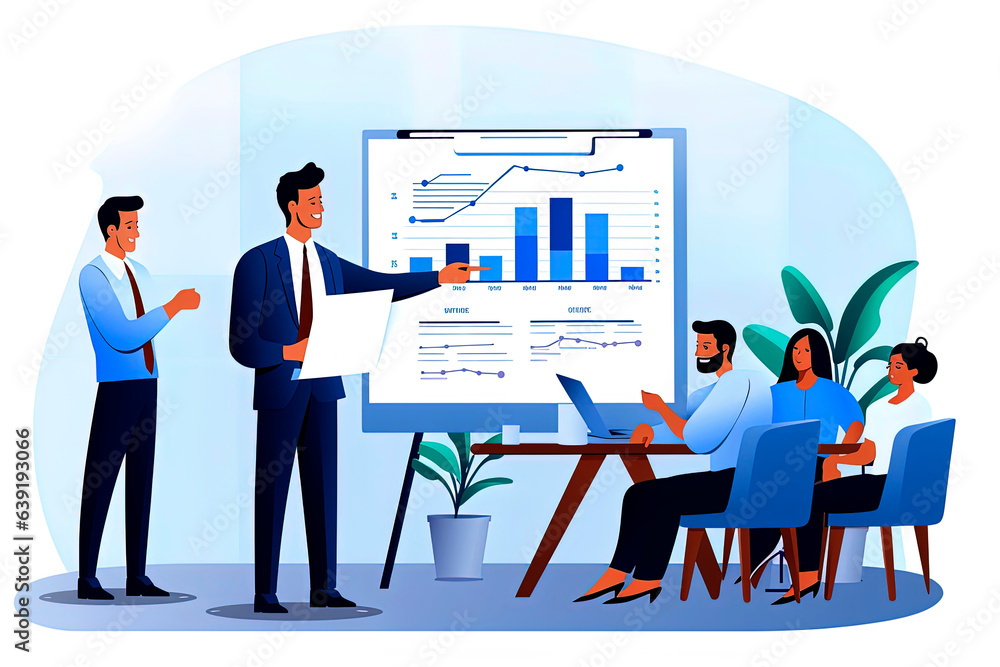 Generative AI illustration of workers gathered together surrounded by charts Generative AI illustration of workers gathered together surrounded by charts