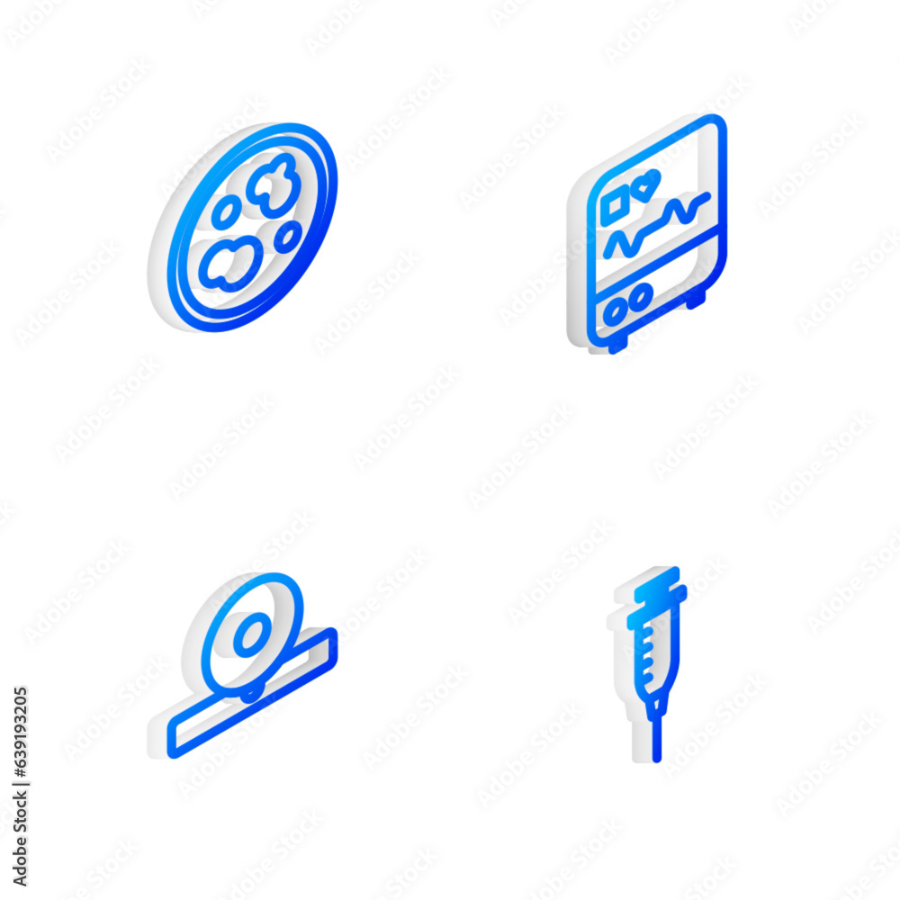 Set Isometric line Monitor with cardiogram, Petri dish bacteria, Otolaryngological head reflector and Syringe icon. Vector Set Isometric line Monitor with cardiogram, Petri dish bacteria, Otolaryngological head reflector and Syringe icon. Vector