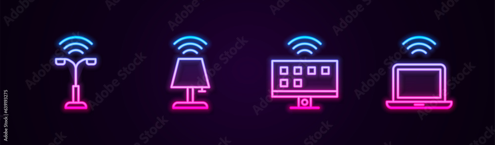 Set line Smart street light, table lamp, Tv system and Wireless laptop. Glowing neon icon. Vector Set line Smart street light, table lamp, Tv system and Wireless laptop. Glowing neon icon. Vector