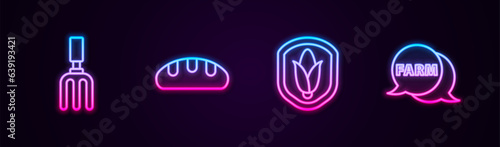 Set line Garden rake, Bread loaf, Shield corn and Speech bubble with Farm. Glowing neon icon. Vector