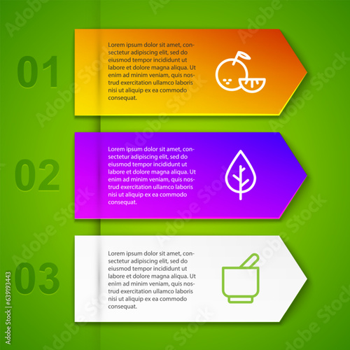 Set line Citrus fruit, Leaf, Mortar and pestle and Cup of tea leaf. Business infographic template. Vector