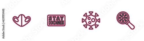 Set line Medical protective mask, Virus, Stay home and under magnifying glass icon. Vector