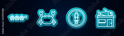 Set line Grilled fish steak, Crab, Octopus on plate and Seafood store. Glowing neon icon. Vector