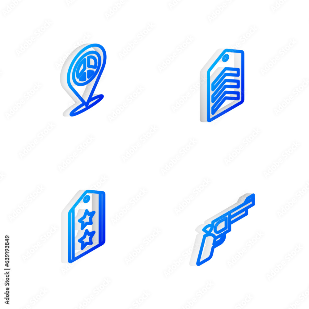 Set Isometric line Chevron, Location peace, Military rank and Pistol or gun icon. Vector Set Isometric line Chevron, Location peace, Military rank and Pistol or gun icon. Vector