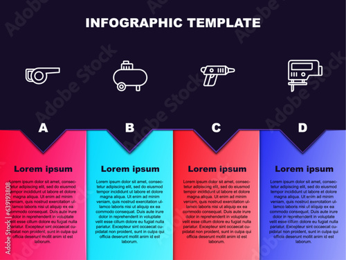 Set line Leaf garden blower, Air compressor, Electric cordless screwdriver and jigsaw. Business infographic template. Vector