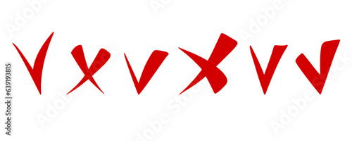 Hand drawn check mark cross sign. Cartoon checkmarks answers in test, confirmation, negation icons. Checklist marks template, voting set. Vector flat illustration isolated on white.