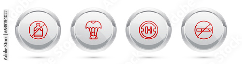 Set line No alcohol, Parachute, Helicopter landing pad and Smoking. Silver circle button. Vector