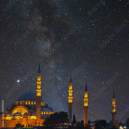 Suleymaniye Mosque and milky way. Islamic or ramadan concept image.