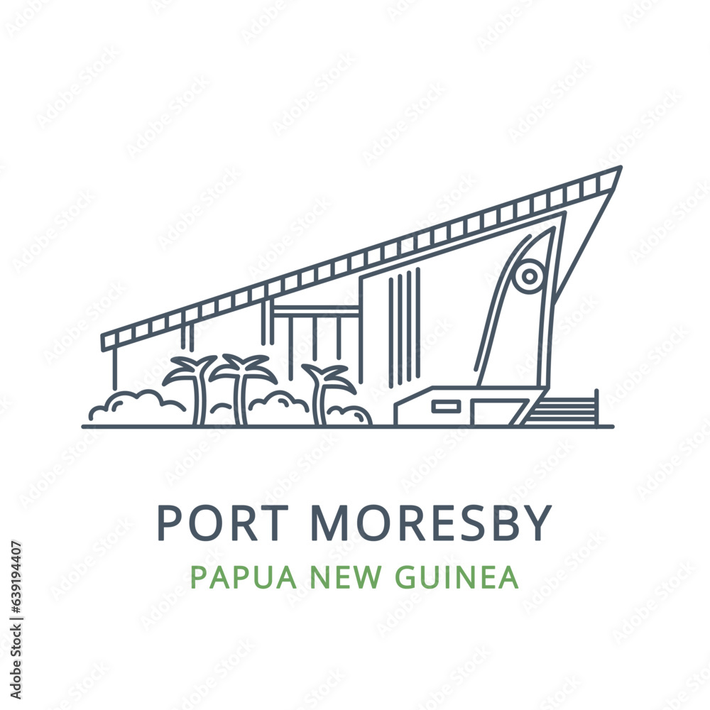 Vector illustration of PORT MORESBY in the country of PAPUA NEW GUINEA. Linear icon of the famous, modern city symbol. Cityscape outline line icon of city landmark on a white background