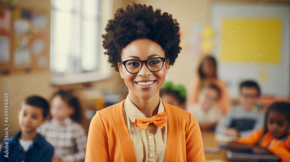 Black school teacher in classroom. Beautiful illustration picture. Generative AI Black school teacher in classroom. Beautiful illustration picture. Generative AI