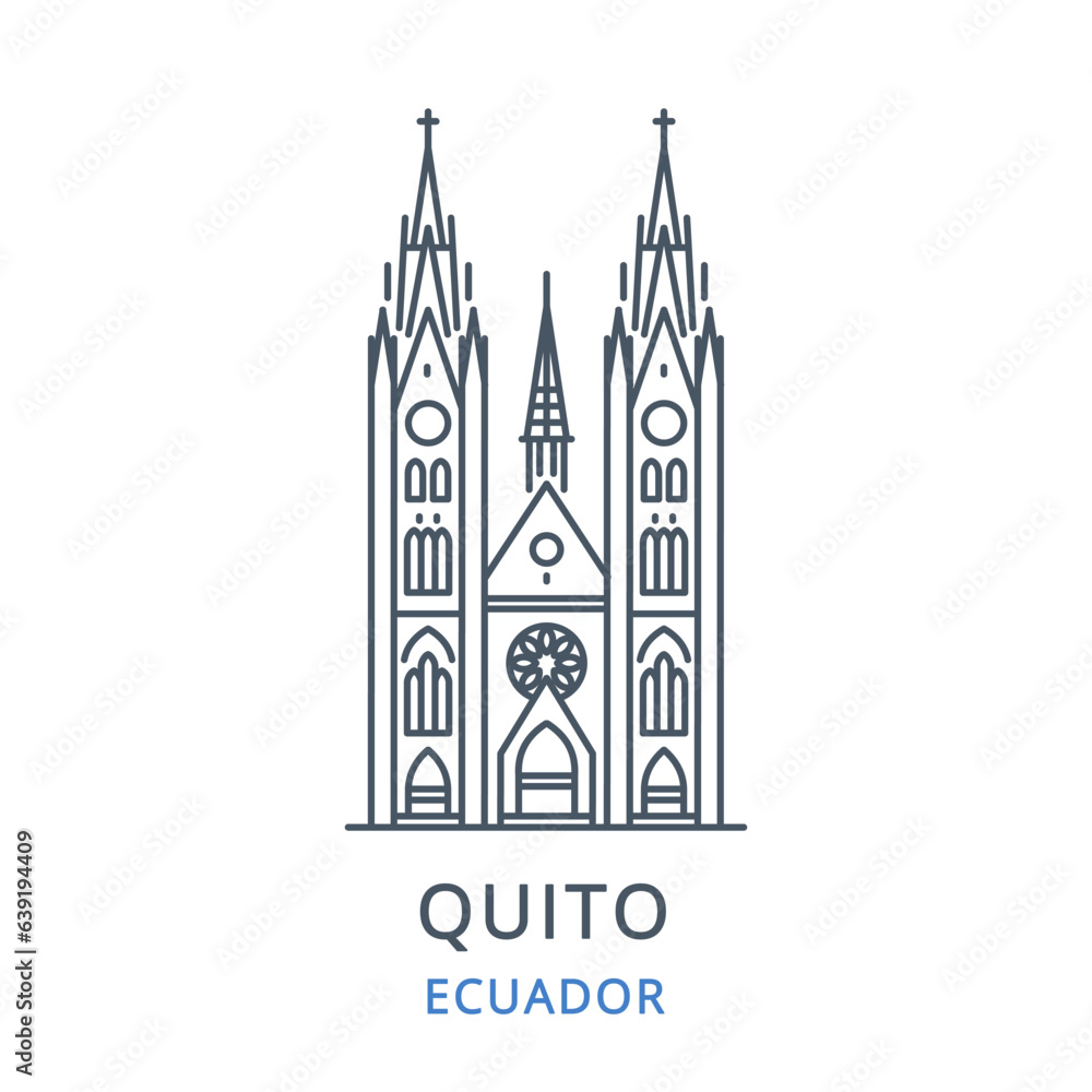 Vector illustration of QUITO in the country of ECUADOR. Linear icon of the famous, modern city symbol. Cityscape outline line icon of city landmark on a white background